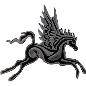 May include: An embroidered patch featuring a stylized winged horse in a leaping pose. The design consists of a black base with intricate silver-gray thread detailing that outlines the horse's muscular form, flowing mane, tail, and large wings.