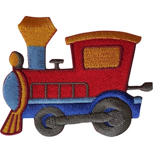May include: An embroidered iron-on patch shaped like a steam locomotive train. The train features a red body, a blue base and smokestack, a yellow chimney top and window, and two dark grey wheels connected by a horizontal rod.