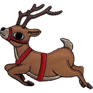 May include: An embroidered iron-on patch featuring a brown reindeer in a leaping pose. The reindeer has dark brown antlers, a white muzzle, a white tail, and a red harness strap around its neck and body. The design includes black and white eyes.