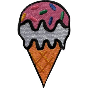 May include: An embroidered patch shaped like an ice cream cone with a pink scoop topped with multi-coloured sprinkles, a white layer of melting cream, and an orange waffle cone base, all outlined with a thick black border on a white background.