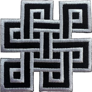 May include: A square embroidered patch featuring a black and white geometric knot design. The pattern consists of interlocking lines that create a complex, symmetrical maze-like structure with a thick white border and black fill.