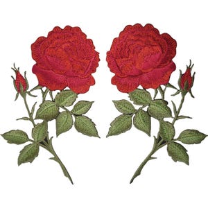 May include: Two embroidered iron-on patches featuring detailed red roses with layered petals. Each patch displays a large blooming rose head, a smaller rosebud, and green stems with serrated leaves, all rendered in dense thread work.