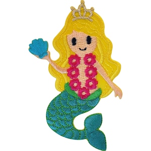 May include: An embroidered patch featuring a mermaid with long yellow hair, a gold crown, and a pink floral lei. The mermaid has a teal tail with scale detailing and is holding a blue seashell in one hand. The design uses vibrant thread colours.