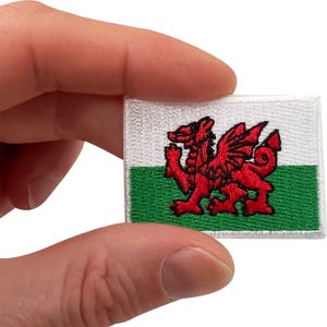 May include: A rectangular embroidered patch featuring the flag of Wales. The design consists of a horizontal white upper half and a green lower half, with a detailed red dragon figure stitched in the centre. The patch has a white border.