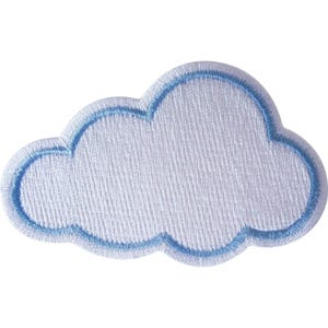 May include: A cloud-shaped embroidered patch featuring a white center with a light blue stitched border. The design has a soft, rounded silhouette with multiple scalloped edges, creating a distinct puffy appearance with visible thread texture.