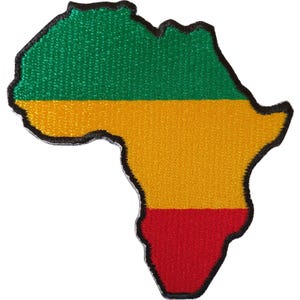 May include: An embroidered patch in the shape of the African continent. The patch features horizontal stripes of green at the top, yellow in the middle, and red at the bottom, all outlined with a thick black border and a textured thread finish.