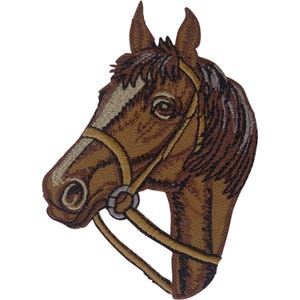 May include: An embroidered patch featuring the head of a brown horse with a white blaze on its face. The horse is wearing a tan bridle with a silver-coloured metal ring detail. The design includes detailed stitching in shades of brown and tan.