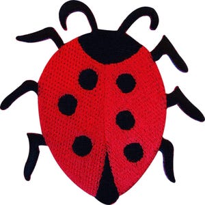 May include: An embroidered patch shaped like a ladybug with a bright red body and black spots. The insect features a black head, six black legs, and two antennae. The stitching is visible throughout the design, creating a textured surface.