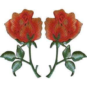 May include: Two identical embroidered rose patches featuring vibrant orange and red petals with detailed stitching. Each rose has a green stem and two green leaves extending from the base, showcasing intricate thread work and a clear, defined shape.