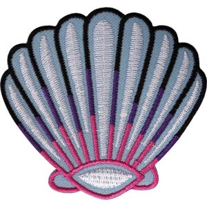 May include: An embroidered patch in the shape of a seashell. The shell features light blue fan-shaped segments with white stitching, accented by vertical stripes of dark purple and bright pink at the base, all outlined with a thick black border.