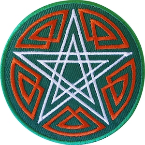 May include: A circular embroidered patch featuring a white five-pointed star centered on a dark green background. The design includes orange geometric knotwork patterns arranged symmetrically around the star, all enclosed by a green border.