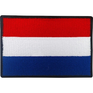 May include: A rectangular embroidered patch featuring the horizontal tricolour flag of the Netherlands. The design consists of three equal horizontal bands in red at the top, white in the middle, and blue at the bottom, finished with a black border.