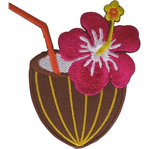 May include: An embroidered patch featuring a brown coconut shell with yellow vertical stripes, filled with a white liquid and an orange straw. A large, vibrant pink hibiscus flower with a white centre and a small yellow flower are attached.
