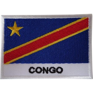 May include: A rectangular embroidered patch featuring the flag of the Democratic Republic of the Congo with a blue background, a yellow star in the upper left, and a diagonal red stripe bordered in yellow. The word CONGO is printed in black.