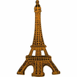 May include: An embroidered patch in the shape of the Eiffel Tower, featuring a detailed lattice design in vibrant orange thread against a solid black background, capturing the iconic structure's silhouette with precise stitching throughout.