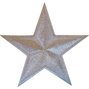 May include: A five-pointed star patch featuring dense, metallic silver embroidery. The stitching creates a textured, radiating pattern that emanates from the centre towards each of the five points, giving the star a dimensional and reflective appearance.