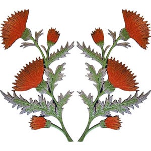 May include: A pair of symmetrical embroidered patches featuring orange thistle flowers with spiky petals, green stems, and jagged, serrated leaves. Each patch displays two full blooms and two smaller buds, rendered in detailed thread work.