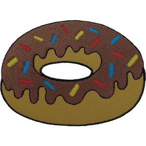 May include: A circular embroidered patch shaped like a doughnut with a tan base and brown icing. The icing features a scalloped edge and is decorated with small, straight embroidered sprinkles in red, blue, and yellow colours throughout.