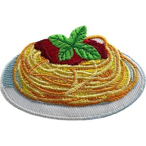 May include: An embroidered patch featuring a plate of spaghetti with yellow noodles, a red tomato sauce topping, and green basil leaves. The design is circular with a white border, showcasing detailed thread work in vibrant colors on a white background.