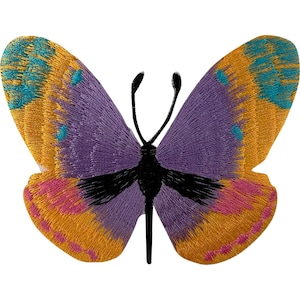 May include: An embroidered butterfly patch featuring a central black body and antennae. The wings display a vibrant colour palette of purple, golden yellow, bright turquoise, and pink, with intricate thread textures forming the wing patterns.