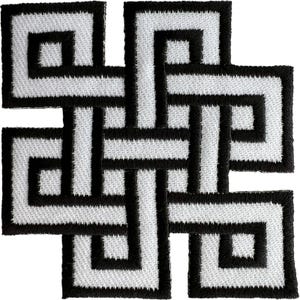 May include: A square embroidered patch featuring an intricate, continuous geometric knot design. The pattern consists of thick white lines bordered by bold black stitching, creating a complex, interlocking maze-like motif on a white fabric base.