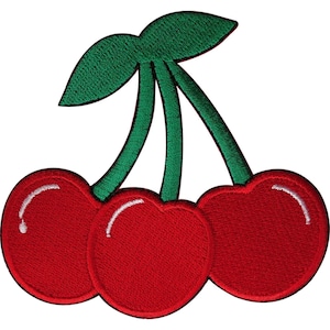 May include: An embroidered patch featuring three bright red cherries with green stems and two green leaves at the top. Each cherry has a small white curved line to represent a highlight, creating a textured appearance with visible stitching.