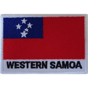 May include: A rectangular embroidered patch featuring the flag of Western Samoa with a red field, a blue canton containing five white stars, and a white horizontal stripe at the bottom with the black text WESTERN SAMOA embroidered on it.