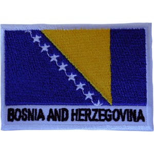 May include: A rectangular embroidered patch featuring the flag of Bosnia and Herzegovina with a blue background, a yellow triangle, and a diagonal row of white stars. The text BOSNIA AND HERZEGOVINA is embroidered in black at the bottom.