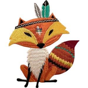 May include: An embroidered iron-on patch featuring a stylised fox with orange, yellow, and white fur. The fox has closed eyes, a black nose, and two feathers on its head. Its bushy tail displays yellow, black, and teal geometric patterns.