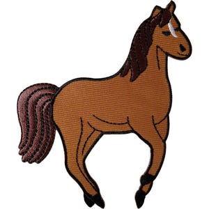 May include: An embroidered patch featuring a brown horse with a dark brown mane and tail. The horse is depicted in profile, facing right, with a small white blaze on its forehead and black hooves. The design is outlined in black thread.