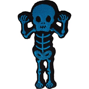 May include: An embroidered patch featuring a bright blue skeleton figure against a solid black background. The skeleton is depicted with its arms raised in a pose, showcasing detailed rib cage, pelvic, and limb structures in vibrant blue thread.