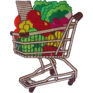 May include: An embroidered patch featuring a shopping cart filled with colorful produce, including bright red tomatoes, vibrant green lettuce, yellow bell peppers, and other assorted vegetables, all rendered in detailed thread work.