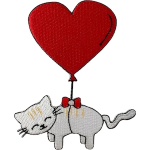 May include: An embroidered patch featuring a light grey cat with closed eyes and a small red bow tie. The cat is attached to a large, solid red heart-shaped balloon by a thin black string. The design has a textured finish with visible stitching.