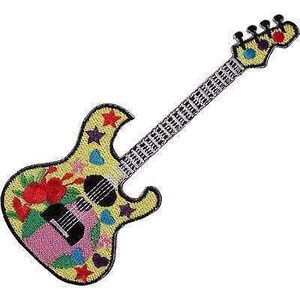 May include: An embroidered patch shaped like an electric guitar with a yellow body, featuring red floral accents, colourful stars, and small hearts. The neck is white with black fret lines, and the headstock includes four circular tuning pegs.