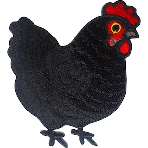 May include: An embroidered iron-on patch shaped like a chicken with black thread for the body and legs. The chicken features a bright red comb and wattle, a yellow eye with a black pupil, and a small dark beak, all rendered in detailed stitching.