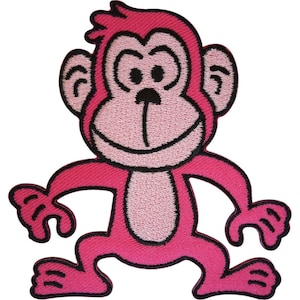 May include: An embroidered patch featuring a cartoon monkey with bright pink fur and a light pink face, ears, and belly. The design is outlined in thick black thread, showing the monkey with a smiling expression, large ears, and outstretched arms.