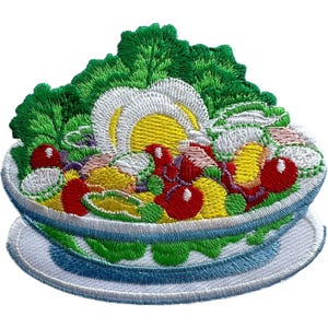 May include: An embroidered patch depicting a bowl of salad with green lettuce, red tomatoes, yellow corn, and a sliced hard-boiled egg. The bowl is white with a blue rim, resting on a matching white saucer with a blue border, all in thread.