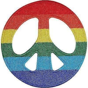 May include: A circular embroidered patch featuring a peace sign symbol. The design is composed of horizontal stripes in a rainbow colour sequence, starting with red at the top, followed by yellow, green, light blue, and dark blue at the bottom.