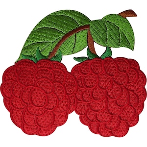 Puede incluir: Un parche bordado que presenta dos frambuesas de color rojo brillante con una superficie texturizada y rugosa. Las bayas están conectadas por tallos marrones a dos hojas de color verde vibrante con detalles de costura visibles, creando un diseño de fruta detallado.