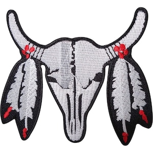 Buffalo Skull Feathers Embroidered Iron On Patch Sew On Patch Embroidery Applique Badge