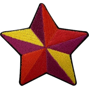 May include: A five-pointed star patch featuring a vibrant geometric pattern. The design is composed of alternating triangular segments in bright yellow, deep magenta, and bold red, all outlined with a solid black border for definition.