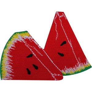 May include: Two embroidered patches shaped like watermelon slices. Each patch features a vibrant red fruit interior with black teardrop-shaped seeds, a thin white rind, and a green outer edge. The embroidery texture is visible throughout.