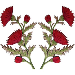 Peut inclure: Deux écussons brodés symétriques représentant des fleurs de chardon rouge foncé aux pétales dentelés, avec des tiges vertes et des feuilles vert clair découpées. Chaque écusson présente deux fleurs épanouies et deux boutons.