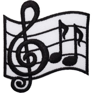 May include: An embroidered patch featuring a black treble clef and two black musical notes positioned on a white background with black horizontal staff lines. The design has a wavy, flag-like shape with thick black stitching along the edges.