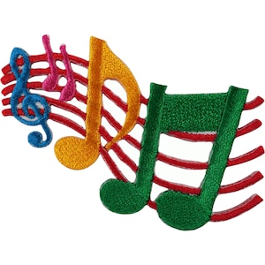 May include: An embroidered patch featuring a blue treble clef, a pink musical note, a yellow eighth note, and a green double eighth note, all positioned over a series of five curved red horizontal lines representing a musical staff.