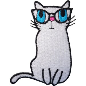 May include: An embroidered patch of a white cat with black outlines, wearing black-rimmed glasses. The cat has bright blue eyes, a small pink nose, and a long tail extending to the left. The design features a simple, clean aesthetic.