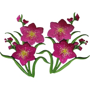 Pode incluir: Um emblema bordado apresentando dois grupos de flores magenta vibrantes com centros amarelos e caules verdes. O design inclui vários pequenos botões de flores fechados em caules verdes finos que se estendem a partir das flores principais.
