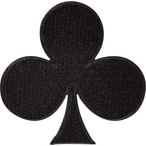 May include: A black embroidered patch in the shape of a club symbol from a deck of playing cards. The patch features a dense, textured thread construction with a distinct, raised border that outlines the three rounded lobes and the stem.