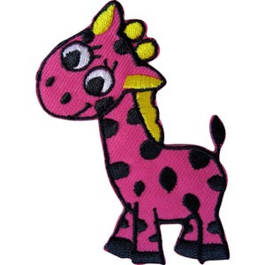 May include: An embroidered iron-on patch shaped like a cartoon giraffe. The giraffe is bright pink with black spots, yellow horns, and a yellow mane. It has large white eyes with black pupils and black eyelashes, and black hooves on its four legs.