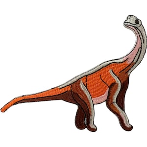May include: An embroidered patch shaped like a long-necked dinosaur, featuring a vibrant orange body with dark brown legs and tail, a light pink underbelly, and a white outline. The dinosaur is depicted in a standing profile view facing right.